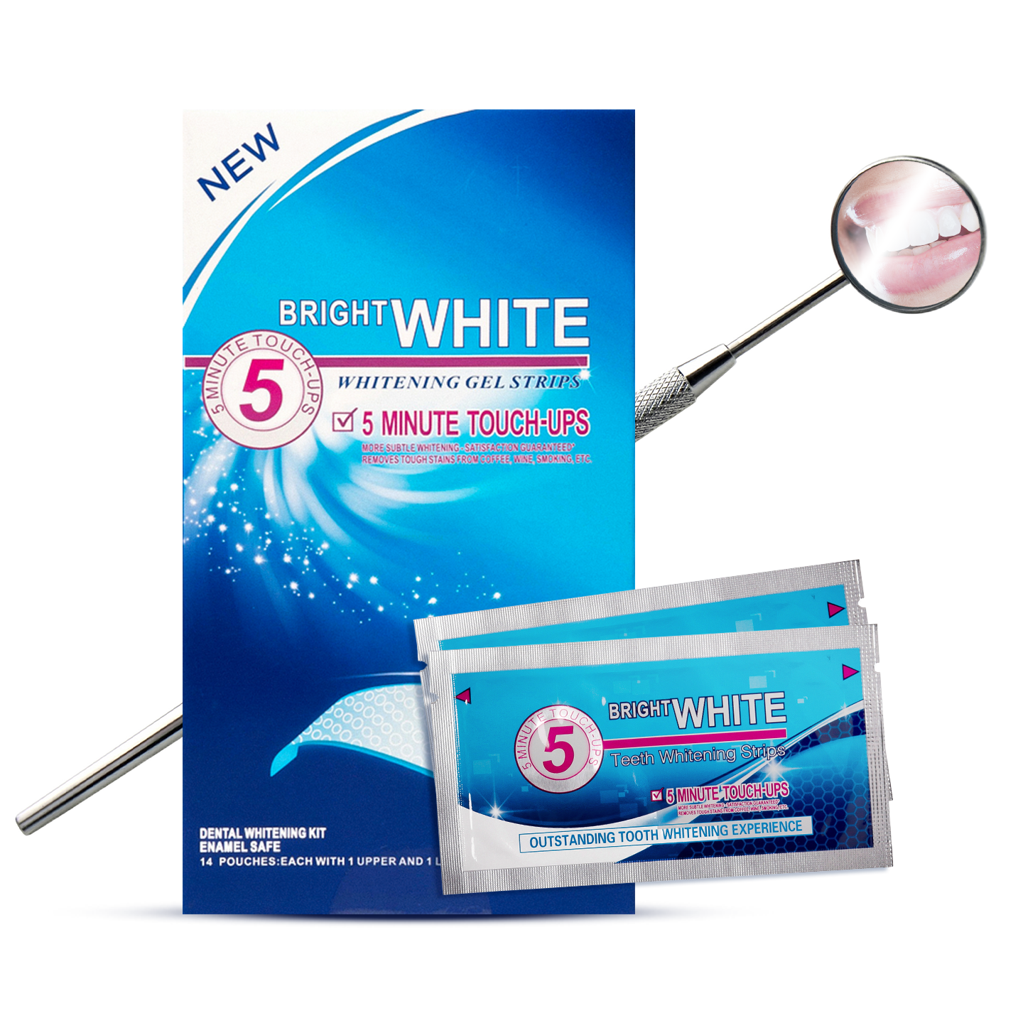 Paski wybielające BRIGHT WHITE 5 MINUTE TOUCH UPS - 28 szt + lusterko stomatologiczne
