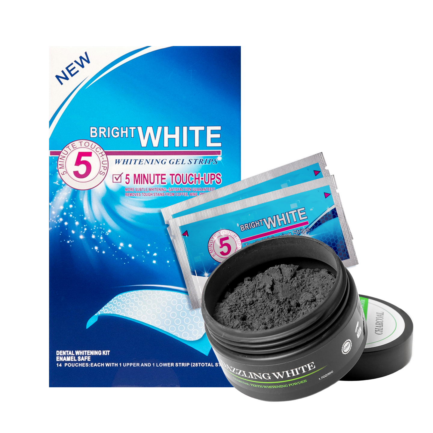Paski wybielające BRIGHT WHITE 5 MINUTE TOUCH UPS - 28 szt +Węgiel aktywny proszek do wybielanie zębów DAZZLING WHITE