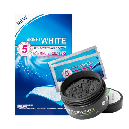 Paski wybielające BRIGHT WHITE 5 MINUTE TOUCH UPS - 28 szt +Węgiel aktywny proszek do wybielanie zębów DAZZLING WHITE