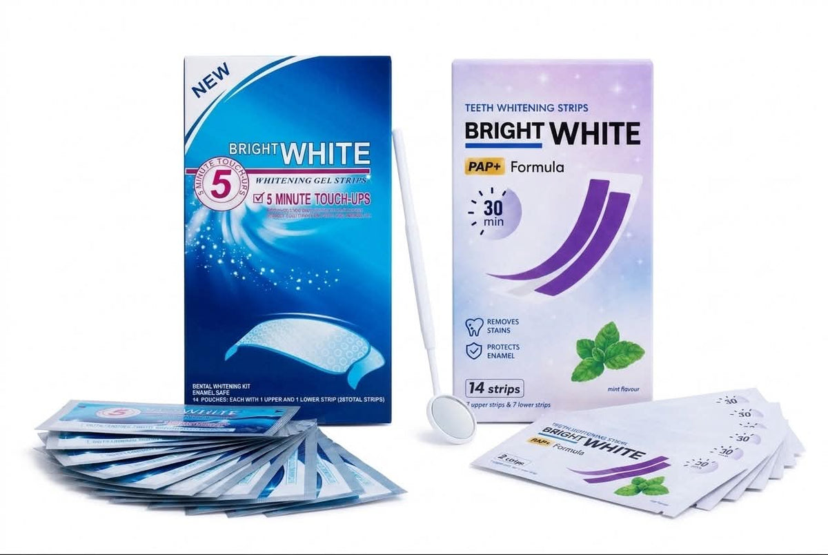 Paski wybielające BRIGHT WHITE 5 MINUTE TOUCH UPS - 28 szt + Fioletowe Paski PAP+ + lusterko stomatologiczne